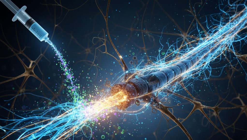 Jeringa inyectando polilaminina sobre un axón lesionado rodeado de neuronas en regeneración