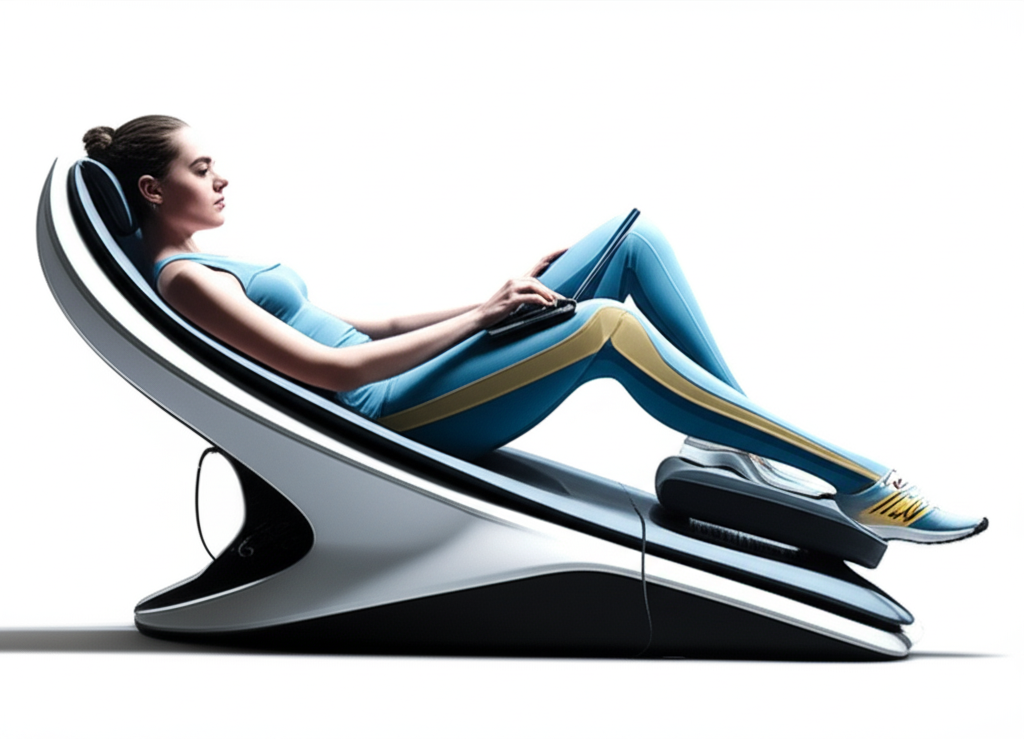 Mujer semirreclinada en silla ergonómica futurista usando un portátil sobre las piernas
