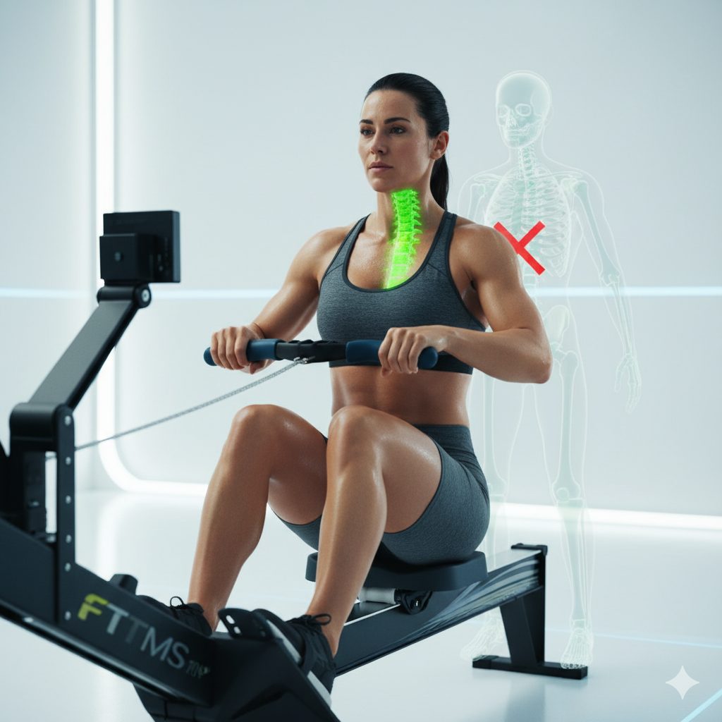 Mujer remando en máquina FTMS con la columna vertebral resaltada en verde sobre su espalda