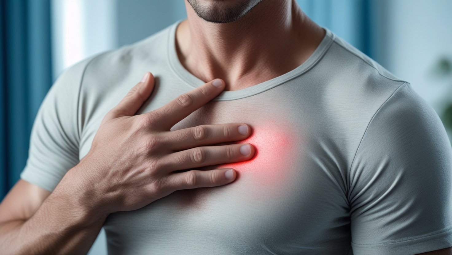 Hombre con camiseta gris sujetándose el pecho con dolor señalado en rojo junto al esternón