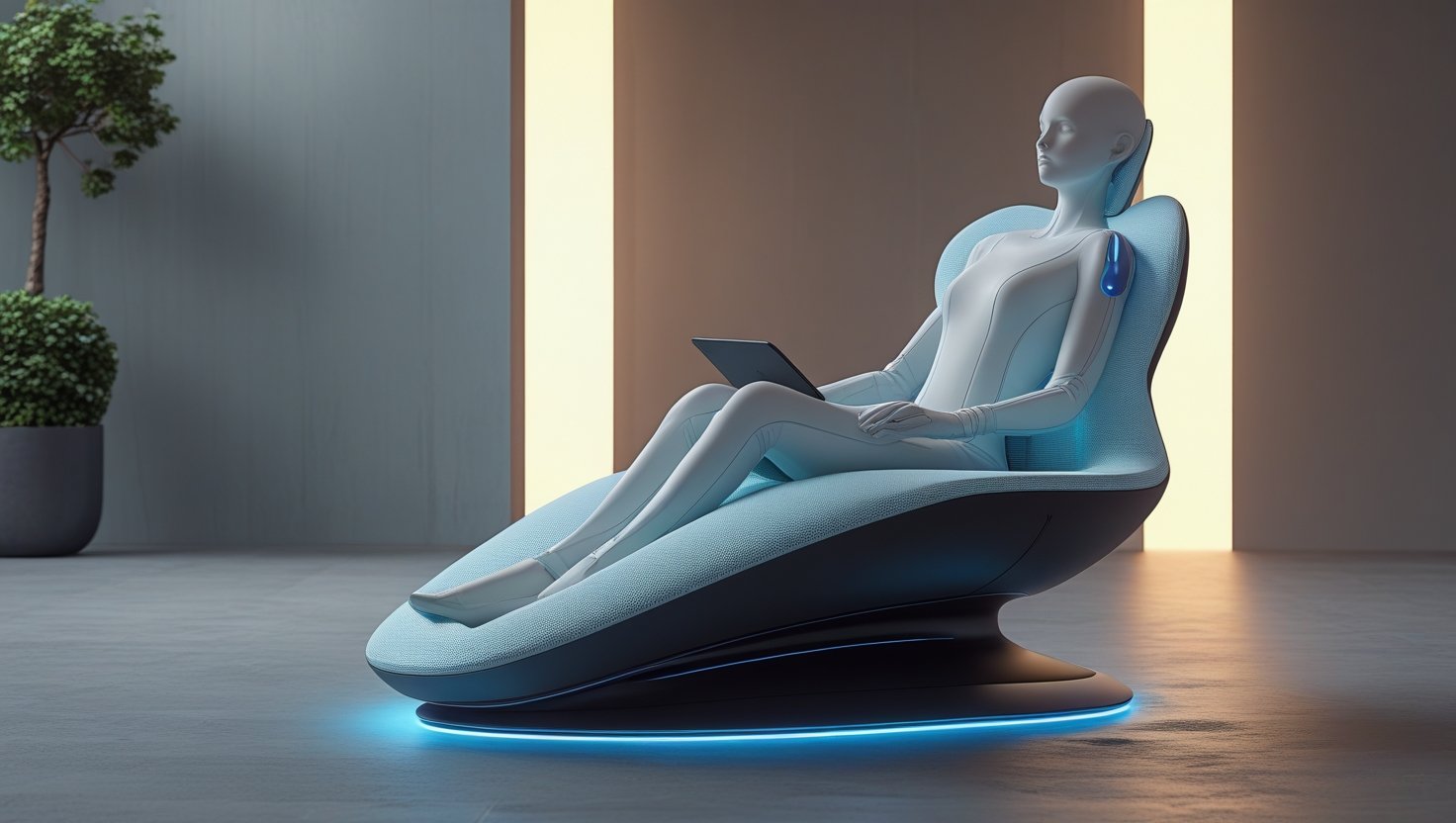 Silla ergonómica futurista reclinada con figura humana trabajando en una tableta
