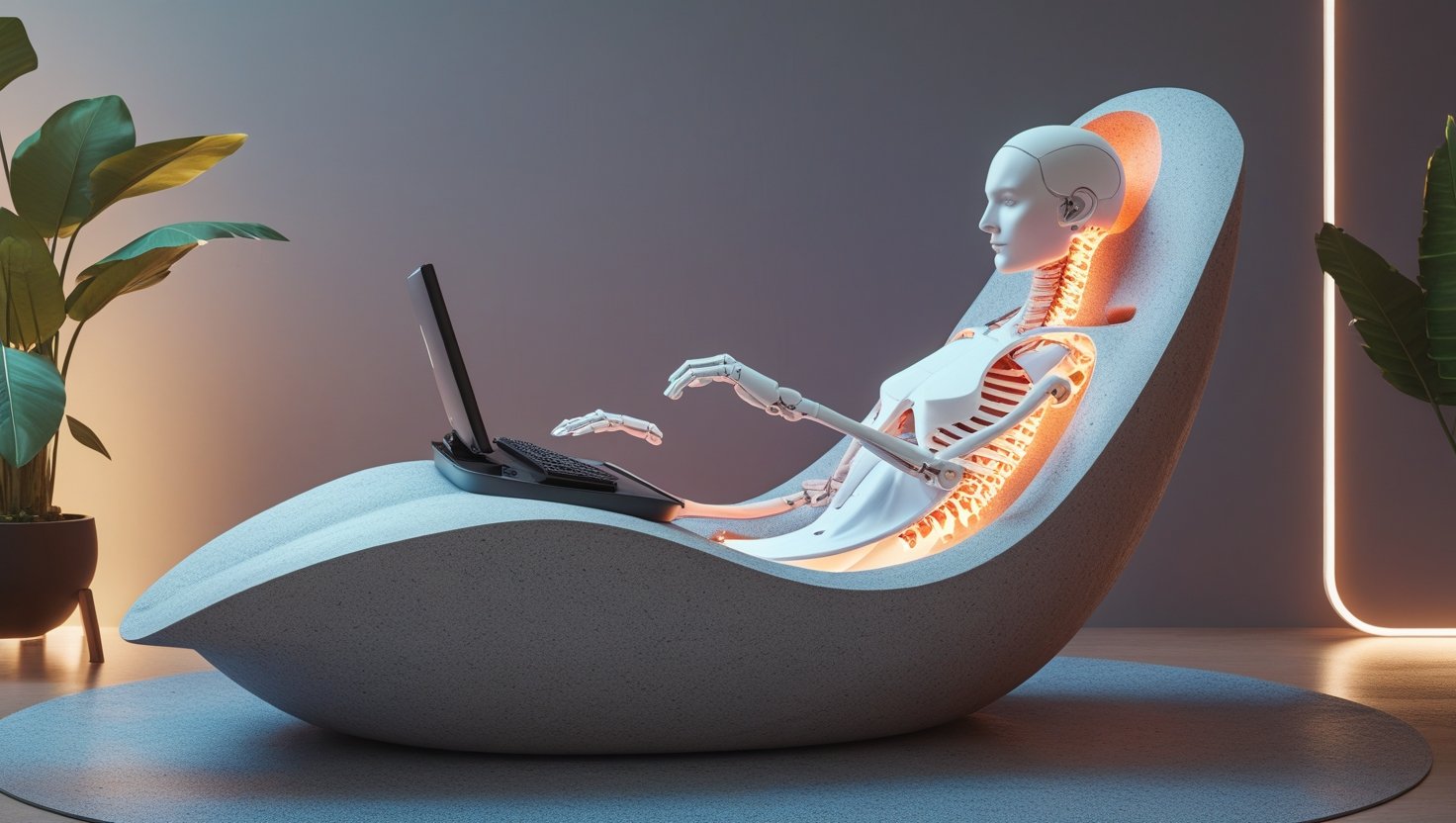 Silla ergonómica futurista con figura que muestra la columna vertebral alineada al reclinarse